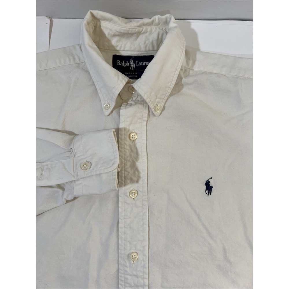 VINTAGE Polo Ralph Lauren Shirt Mens Large White Made USA Heavy Twill Button 90s